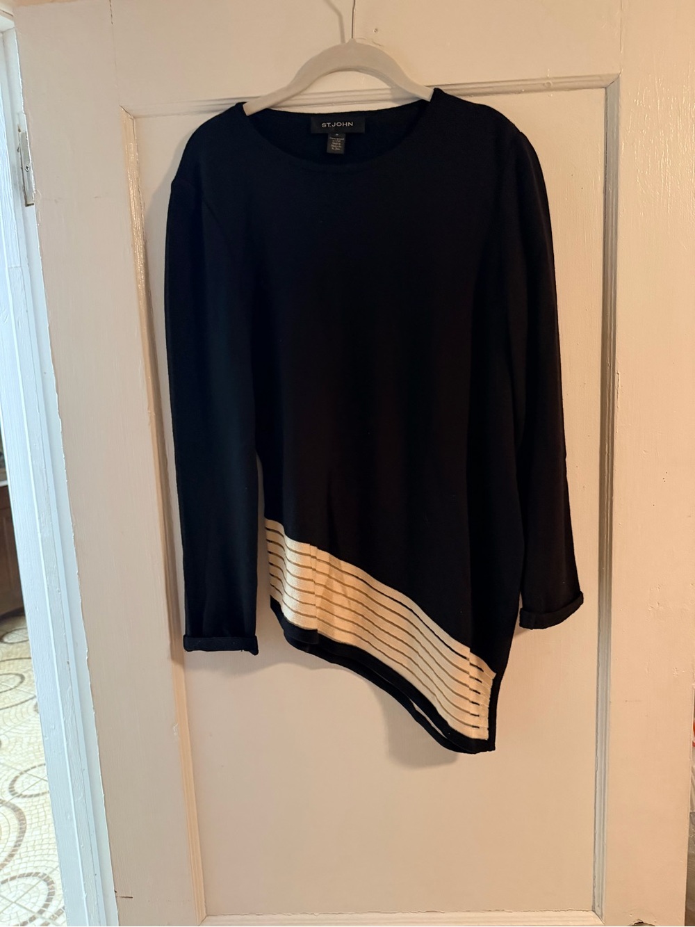St. John Black Wool Knit Asymmetrical Stripe Sweater Size Medium
